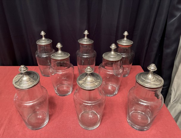 Set of eight bottles, confectionery jars.