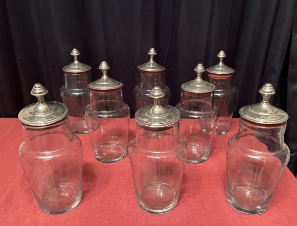 Set of eight bottles, confectionery jars.
